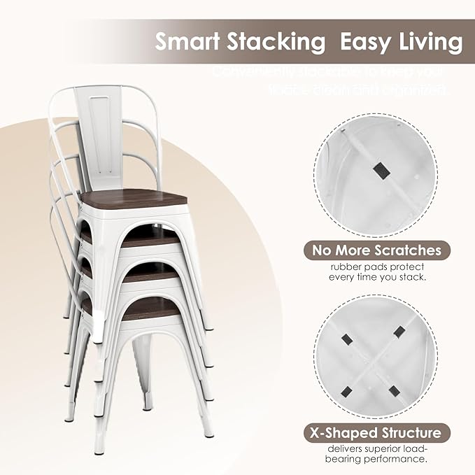 Metal Dining Chairs Set of 2,Stackable Tolix Chair Indoor/Outdoor for Kitchen,Cafe,Restaurant,Bistro & Patio Multiple Colors with High Backrest and Wood Seat(White)