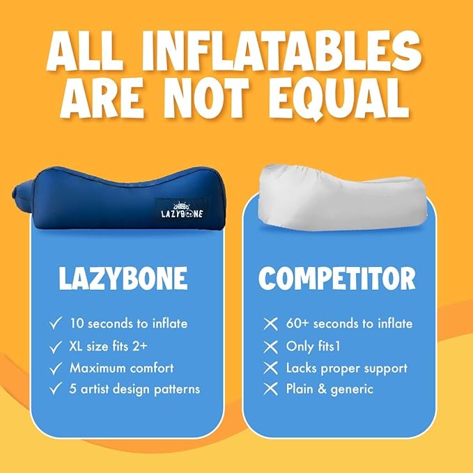 Chillbo LazyBone Inflatable Couch – Quick-Inflation Flapper System, Fun Prints, No-Pump Setup, Ripstop Polyester, Portable Air Lounger for Beach, Camping, Festivals, & Hiking