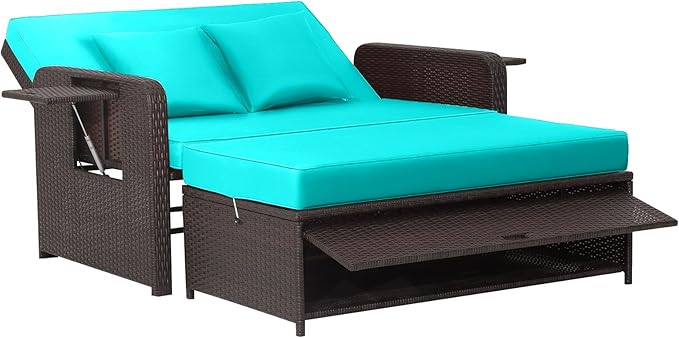RELAX4LIFE Wicker Patio Outdoor Daybed - Rattan Day Bed Lounger with Loveseat & Storage Ottoman, Sunbed Sofa Set w/Cushions, 4-Level Adjustable Backrest & 2 Retractable Trays, Patio Daybed (Turquoise)