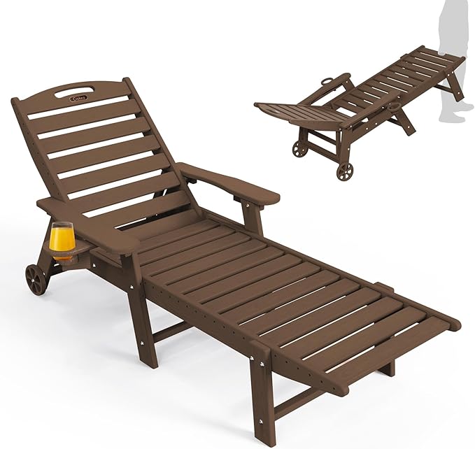 Ciokea Outdoor Lounge Chair HDPE Chair with Rolling Wheels & Cup Holder, 5 Position, Deck, Pool, Dark Brown