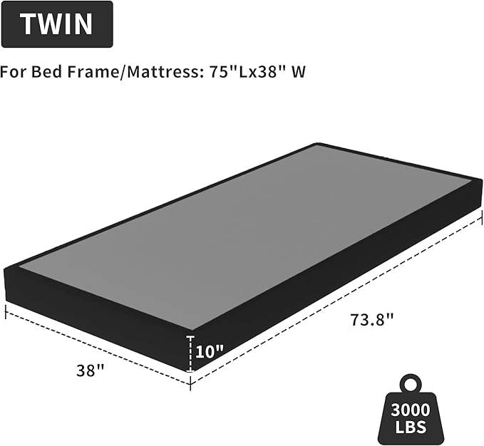 Superay Twin Box Spring, 10 inch Box Spring for Twin Bed, Heavy Duty Metal Bed Frame with Fabric Cover, 3000lbs Max Weight Capacity Bed Base Mattress Foundation, Easy Assembly, Noise Free, Black
