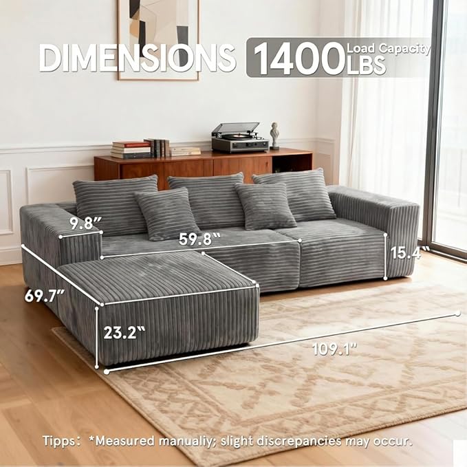 Sytopia 109" L-Shaped Cloud Couch, Boneless Modular Sectional Sofa with Deep Seat for Living Room Bedroom, Modern Floor Couch Corduroy, Comfy Sleeper Futon Sofa Bed 40D Foam Furniture, Left Facing