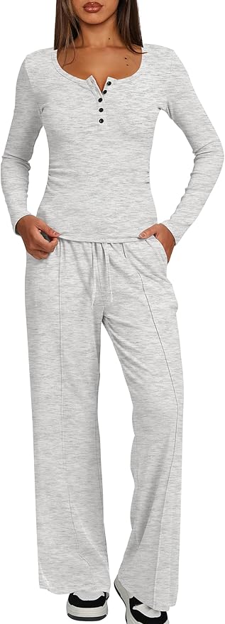 Darong Womens 2 Piece Matching Lounge Sets 2026 Long Sleeve Henley Shirts Wide Leg Pants Airport Travel Outfits