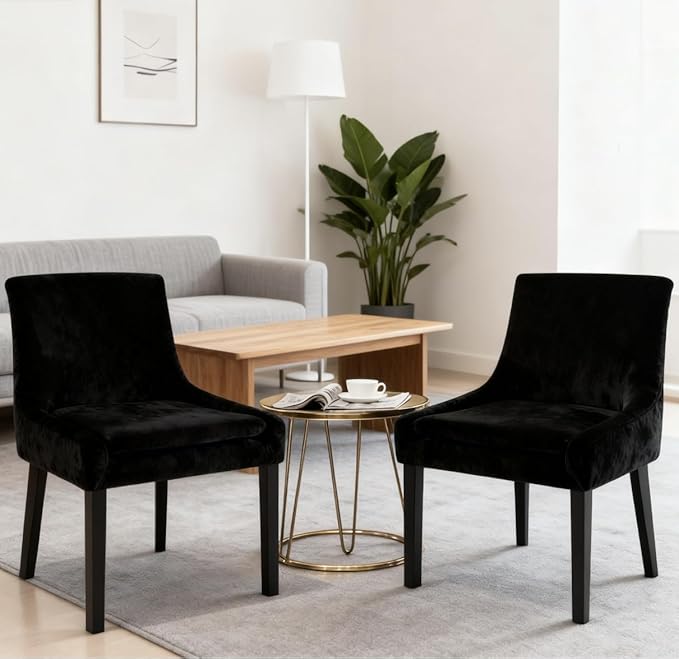 Dining Chairs Set of 2, Upholstered Corduroy Dining Room Chair with Wood Legs, Mid-Back Padded Kitchen Side Chairs for Dining Room, Black