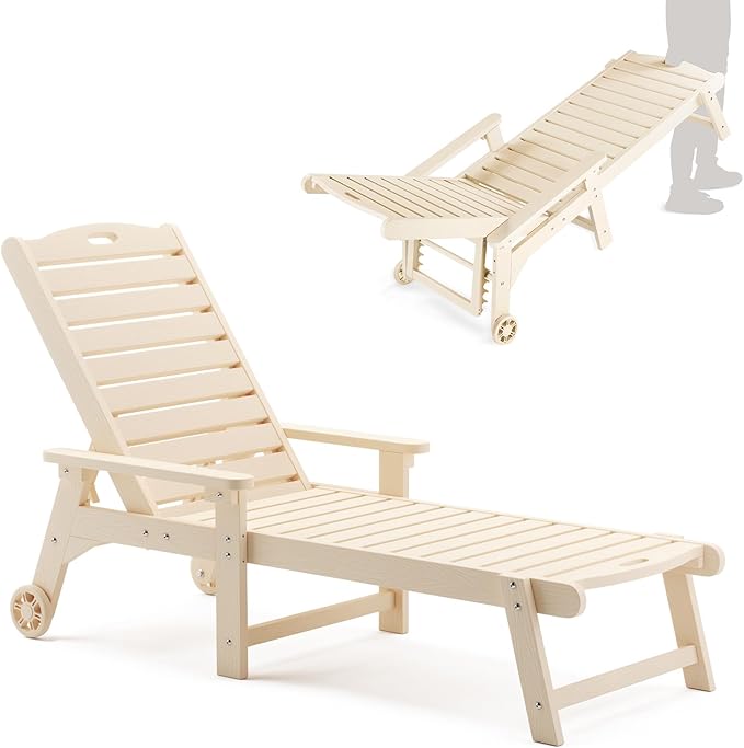LUE BONA Outdoor Chaise Lounge, HDPS Chaise Lounger, 5 Positions Adjustable Lounge Chairs, Pool Lounge Chair with Wheels for Poolside, Backyard, Sand
