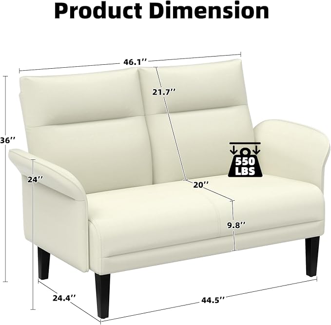Faux Leather Loveseat with Wide Armrests, Symmetrical Shawl Arm 2-Seater Sofa, Upholstered Modern Loveseat with Wooden Legs for Small Living Room, Apartment, Beige
