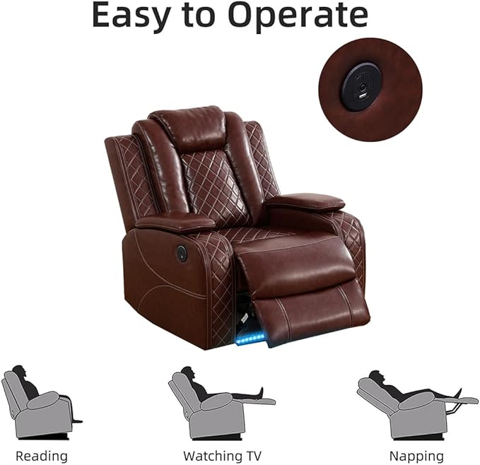Toseslo Power Recliner Sofa Set, Brown Leather 3 Pieces Sectional Couch, Living Room Furniture Sets with LED Light, Modern Power Reclining Sets with Storage Console/Cup Holder for Living Room