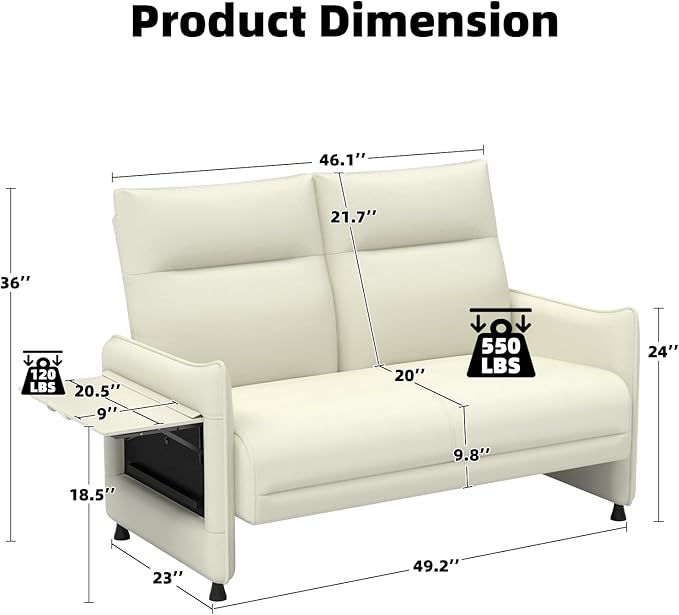 Faux Leather Loveseat, Upholstered Loveseat with Hidden Foldable Tray & Side Pocket, Front Contour Arm Design, Modern 2-Seater Sofa Couch for Compact Spaces, Beige