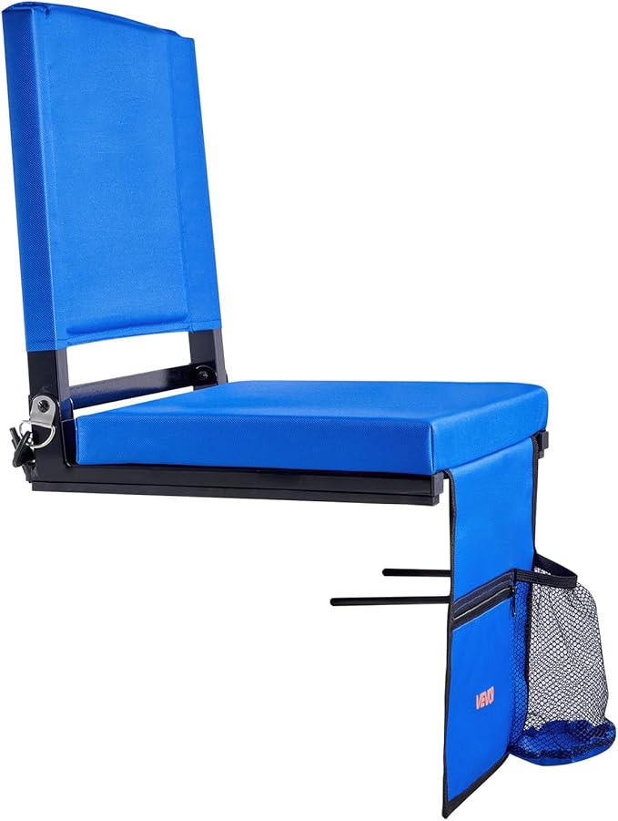 VEVOR Stadium Seat, Folding Bleacher Seat with Back Support & Thick Cushion, Padded Stadium Seats for Bleacher Includes Shoulder Strap, Hooks, Cup Holder, and Side Pocket, Blue Bleachers Chair, 2PCS