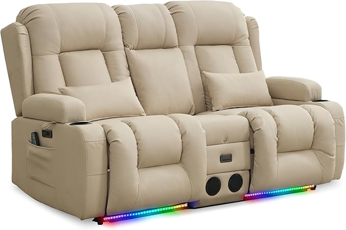 URRED Loveseat Recliner Sofa with Massage and Heat, Power Reclining Loveseat Sofa RV Couch with Console, Home Theater Seating with LED Lights, Bluetooth Speakers, USB, Outlets, Leathaire Beige