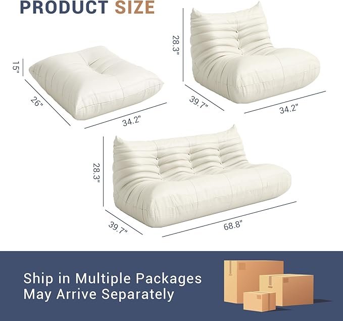 Fireside Chair Lazy Floor Sofa Set, Cozy Memory Foam Bean Bag Chairs, Faux Leather Giant Bean Bag Chair Sofa, Armless Foam Couch Lounger Tatami Recliner for Living Room Bedroom Dorm Office