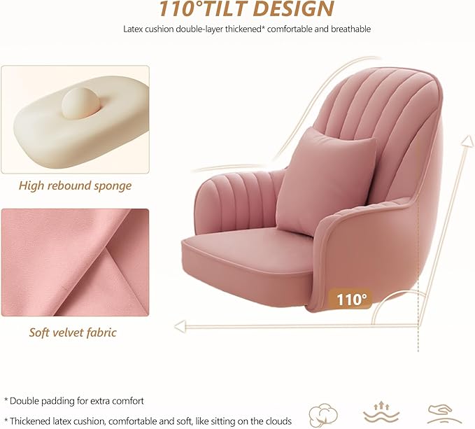 WXJHL Home Office Chair Velvet Vanity Chairs Cute Makeup Desk Chair with Wheels Mid Back Computer Chairs Height Adjustable Small Swivel Rolling Task Chair