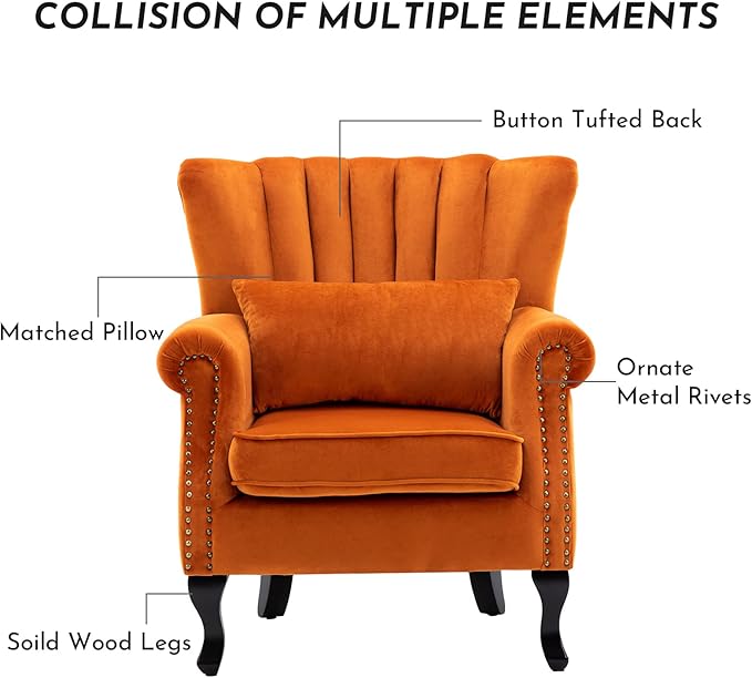 LZAREAL Accent Reading Arm Chairs Set of 2 Midcentury Modern Comfy Corner Sofa Chair, Wingback Waiting Room Club Chair with Tufted Back for Living Room/Bedroom/Reception Room, Velvet Orange