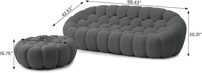 JACH Bubble Sofa with Ottoman, Curved Couch, Comfy Upholstered Sofa, Mesh Fabric 3D Honeycomb Shape Modern Couch for Living Room, Office, Apartment, Small Space (Grey)