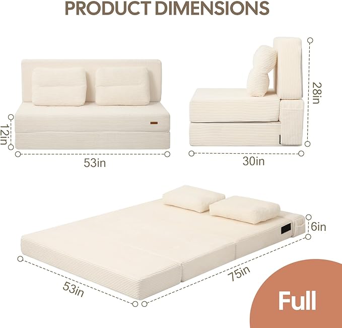 COMAX Folding Sofa Bed, Foldable Couch for Bedroom, Convertible Floor Sleeper Futon Chair Foam, Corduroy 3 in 1 Fold Out Chair Portable Comfy Lounge Couch Sofa Bed for Small Space, Full, Beige