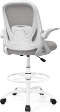Drafting Chair Tall Office Chair with Flip-up Armrests, Adjustable Height, and Enhanced Lumbar Support - Ergonomic Rolling Stool, Back Support, and Adjustable Foot Rest Ring for Standing Desk Gray
