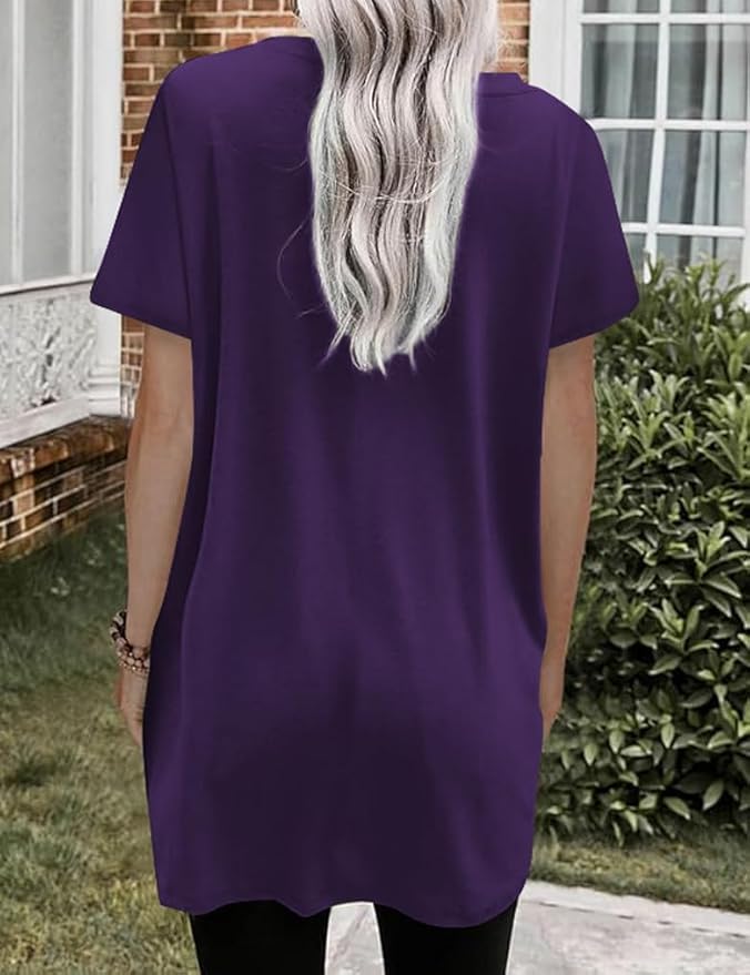 Poetsky Summer Womens Tunic Tops for Leggings with Pockets Short Sleeve Casual Long T Shirts S-3XL