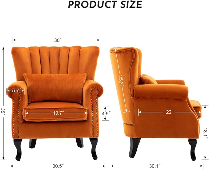 LZAREAL Accent Reading Arm Chairs Set of 2 Midcentury Modern Comfy Corner Sofa Chair, Wingback Waiting Room Club Chair with Tufted Back for Living Room/Bedroom/Reception Room, Velvet Orange