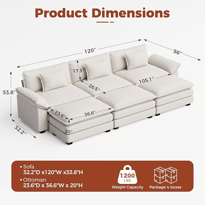 CDCASA 120" Oversized Modular Sectional Sofa Bed, Comfy Cloud Couch w/ 3 Movable Ottoman, 6-Seater Velvet Deep Seat Sofa Bed Modern Sofa Couch for Living Room, DIY Combination, Beige