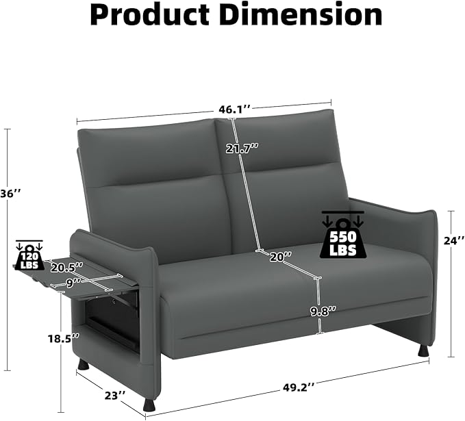 Faux Leather Loveseat, Upholstered Loveseat with Hidden Foldable Tray & Side Pocket, Front Contour Arm Design, Modern 2-Seater Sofa Couch for Compact Spaces, Gray