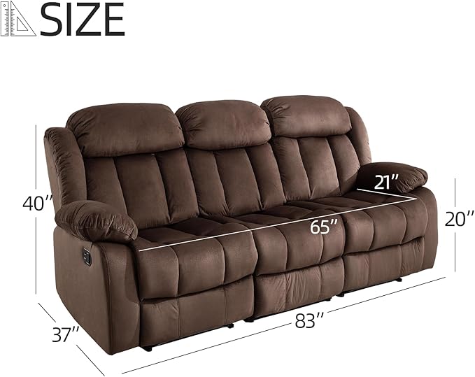 EBELLO Manual Recliner Chair, Classic 3 Seat Reclining Sofa with Overstuffed Arms and Backrest for Living Room, Bedroom, Sofa, Brown