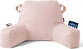 Unisakey Portable Comfy Reading Pillows for Bed Sitting Up(Pink Oeko-Tex), Velvet Back Pillow with Arms & Pockets for Adults, Support Memory Foam Bed Pillow for Dorm/Reading/Watching/Gaming