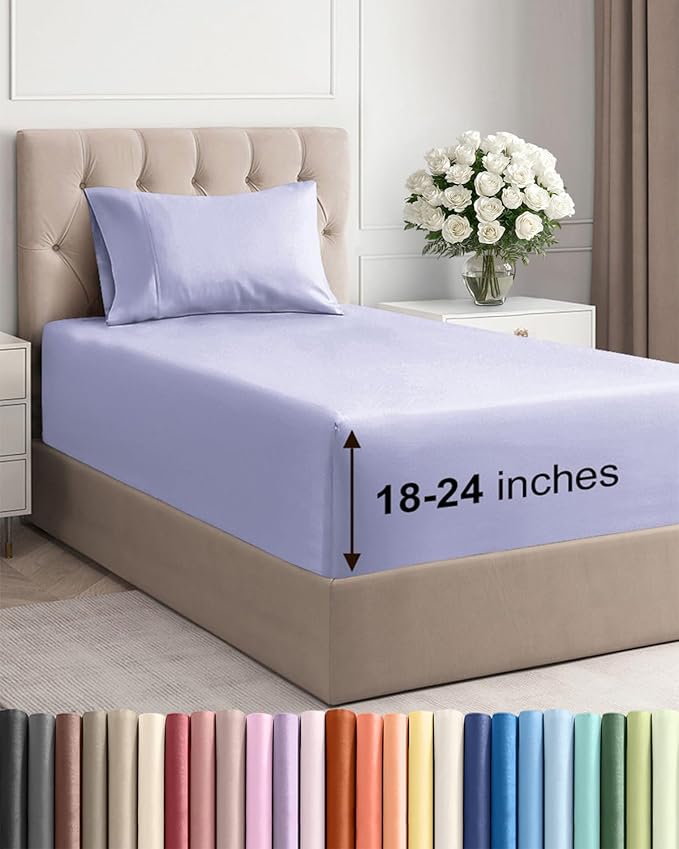 Extra Deep Pocket Twin Sheets - 3 Piece Breathable & Cooling Bed Sheets - Hotel Luxury Bed Sheet Set - Soft, Wrinkle Free & Comfy - Easily Fits Extra Deep Mattresses - Deep Pocket Lavender Sheets Set