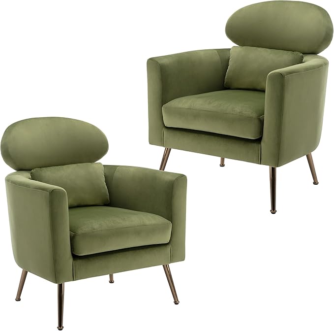 DM Furniture Velvet Accent Chair Set of 2 Comfy Living Room Chair Slipper Chair Mid Century Single Sofa Arm Chair with Golden Legs and Pillow for Bedroom/Guest Room, Olive Green