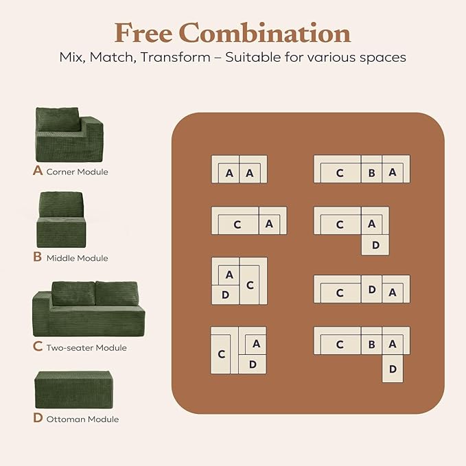 Furnify 40" Modular Sectional Sofa, Upholstered Floor Sofa Couch with Pillow, Bean Bag Chair for Bedroom Living Room, No Assembly Required (Green, Plush Corduroy Fabric)