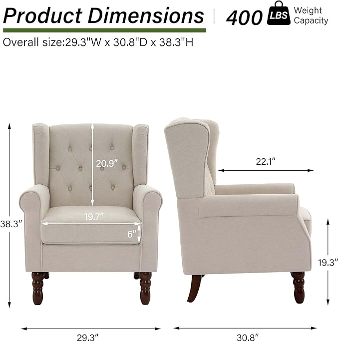 DREAMSIDEA Accent Chair, Upholstered Armchair with Button Tufted High Back & Solid Wood Legs, Comfy Wingback Reading Single Sofa Chair for Small Spaces, Living Room, Bedroom (Beige, Set of 2)