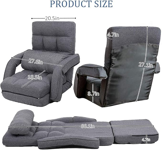 FLOGUOR Indoor Floor Gaming Chairs for Adults with Back Support,Chaise Lounge, 14-Position Folding Lazy Sofa with Pillow for Living Room, Bedroom, Balcony(Grey) 8803GR