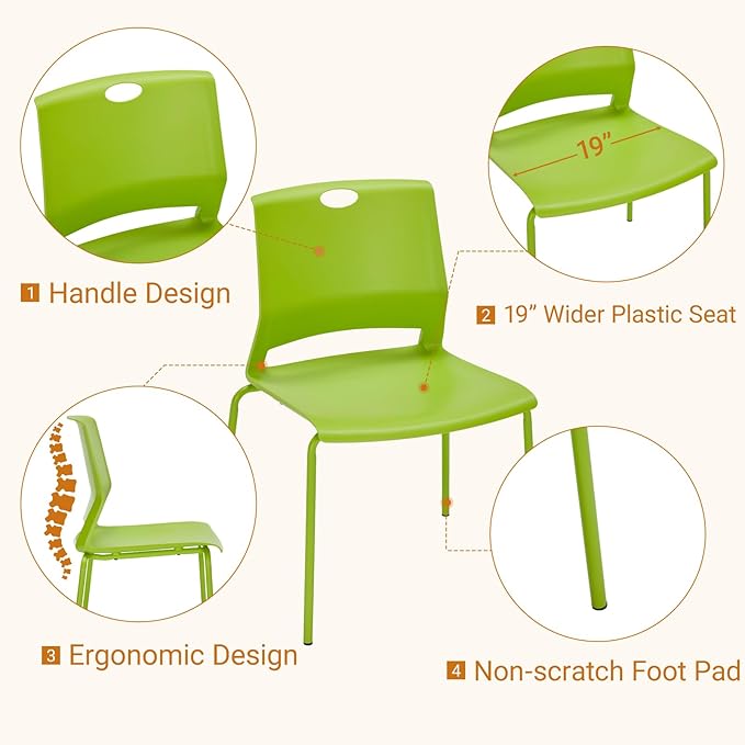 Sidanli Stackable Office Chairs, Green Guest Chairs with Comfortable Streamline Seat, Stacking Chairs No Wheels for Conference Room, Set of 4.
