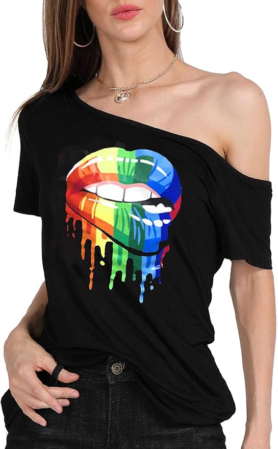 MAGICMK Women’s Short Lips Print Causal Off The Shoulder Plus Size T-Shirt Tops