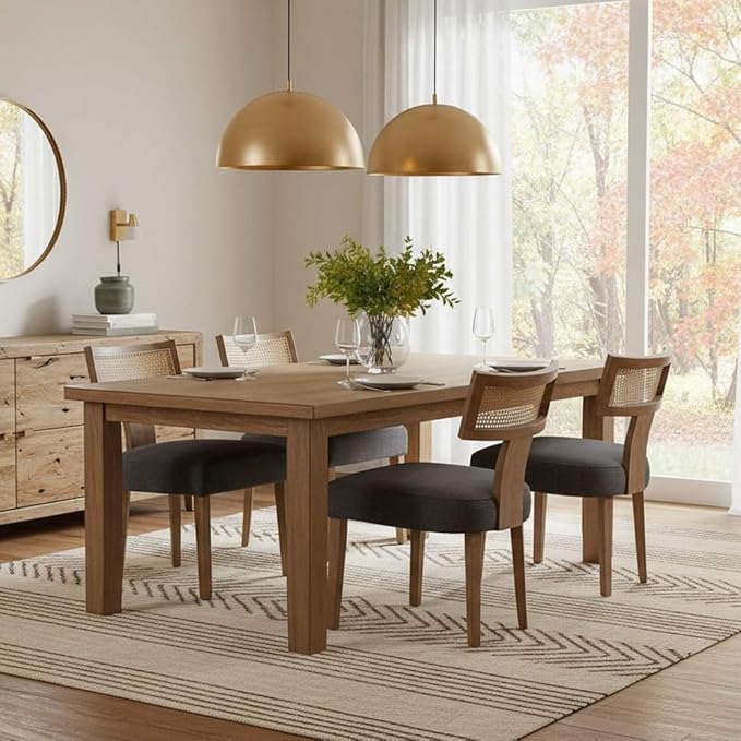 RIVOVA Rattan Dining Chairs Set of 4, Modern Fabric Upholstered Kitchen Chairs, Wooden Dining Room Chair Farmhouse Dinner Chair, Charcoal