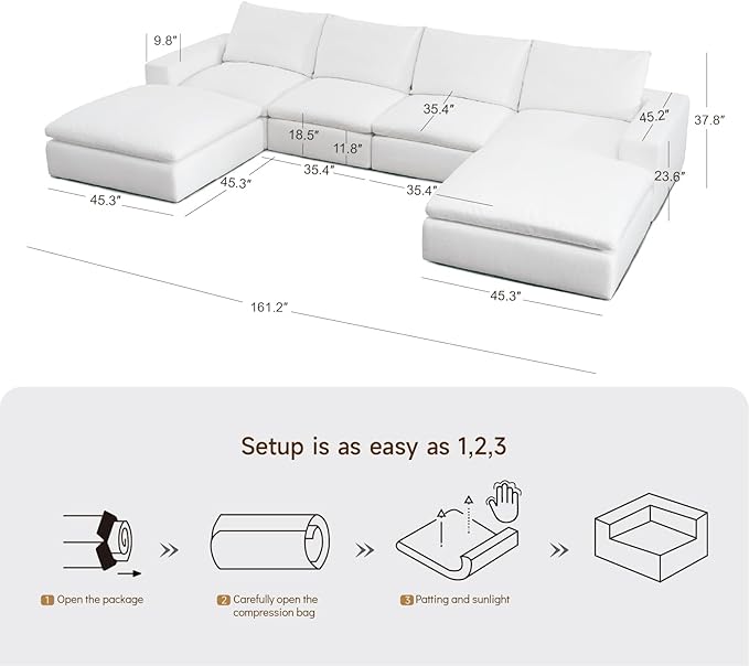 Vorthio Cloud Couch Sectional Oversized Modular Sofa with 35'' Deep Seat Boneless Couch U-Shape Comfy Sofa Stain-Resistant White Sectional Couches for Living Room Apartment 4 Seater with 2 Ottoman