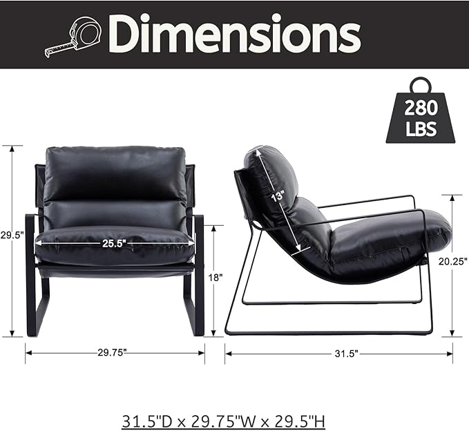 LukeAlon Modern PU Leather Accent Armchair, Upholstered Living Room Chair with Metal Base Removable Thickened Cushion Single Sofa Chair Comfy Lounge Chair for Bedroom Living Room Office, Black