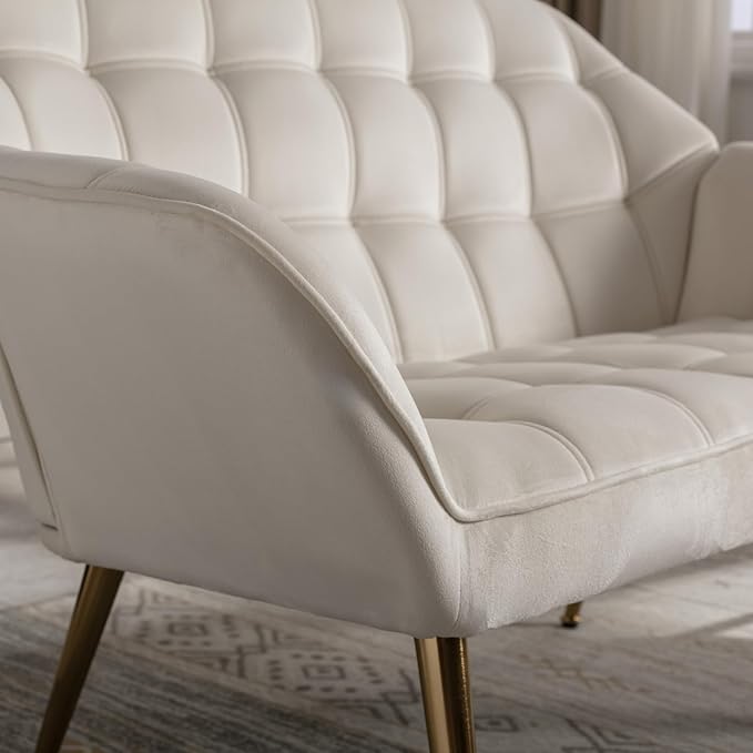 48" Small Loveseat Sofa, Mid Century Modern Velvet Love Seat with Golden Legs 2-Seat Sofa Couch Tufted Wingback Upholstered Sofa Chair for Living Room Bedroom Apartment, Cream