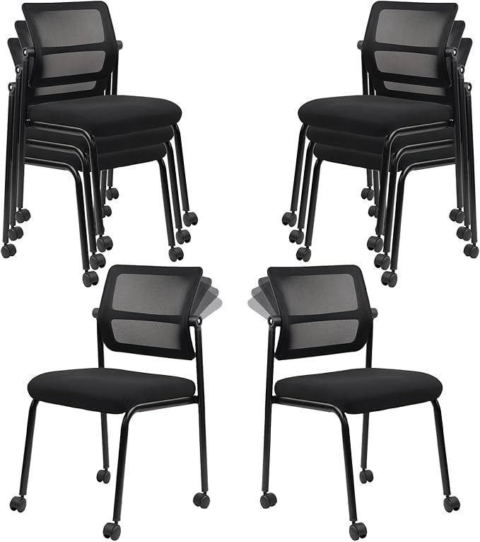 CLATINA 8PK Mesh Stacking Office Desk Chairs with Wheels, Portable Stackable Bulk Waiting Room Armless Chair with Adjustable Back & Fabric Seat for Guest Lobby Side School Church Conference Break