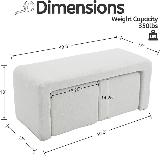 LukeAlon 3-Piece Nesting Ottoman Bench Set, 40.5" Wide Upholstered End of Bed Bench with 2 Small Stools Sherpa Comfy Entry Bench Vanity Stools Modern Arched Bench for Living Room Bedroom, White