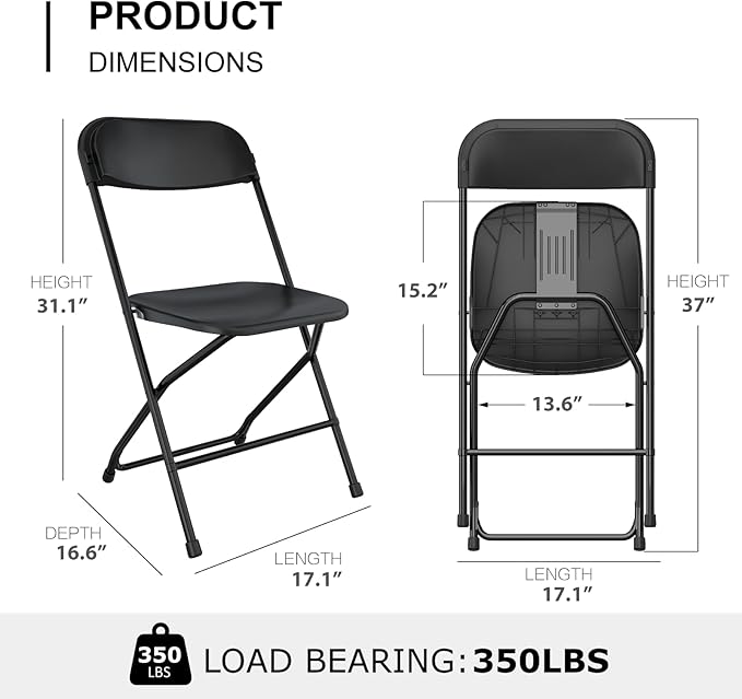 16 Pack Black Folding Chairs, Portable Party Chairs, Plastic Folding Chair,Stackable Commercial Seats with Steel Frame for Office Wedding Party Patio Dinning Events, 350lbs Capacity