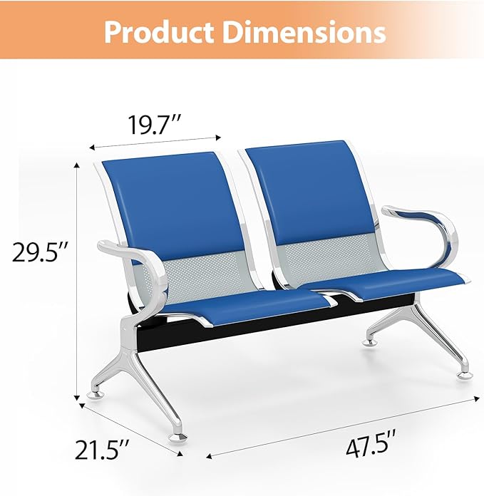 Kinfant 8-Seat Waiting Room Chairs with Arms – Heavy-Duty Steel Frame PU Leather Back & Cushioned Seat, Ergonomic Office Reception Guest Chair for Lobby, Clinic, Airport, Blue