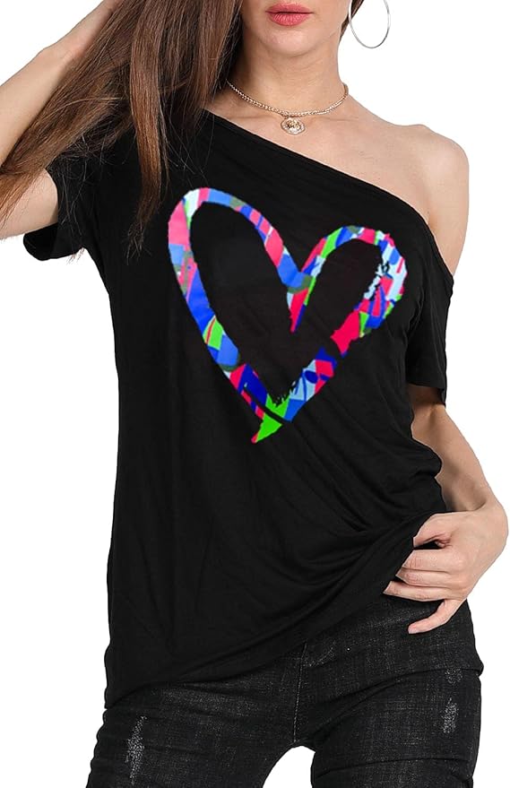 MAGICMK Women’s Short Lips Print Causal Off The Shoulder Plus Size T-Shirt Tops