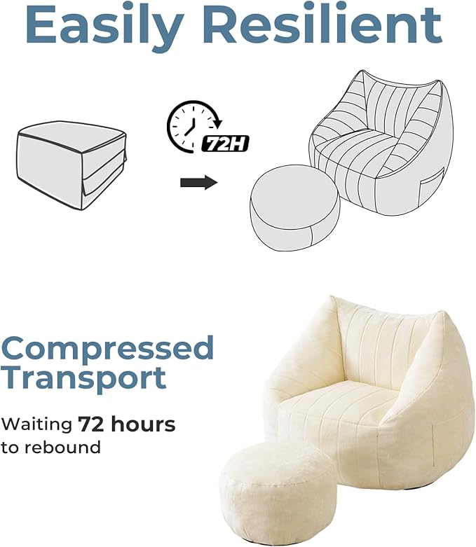 Giant Bean Bag Chair with Ottoman for Adults, Oversized Bean Bag with Filling Plush Fluffy,BeanBag Floor Sofa Chair with with Back Support for Living Room, Bedroom, Reading,Beige