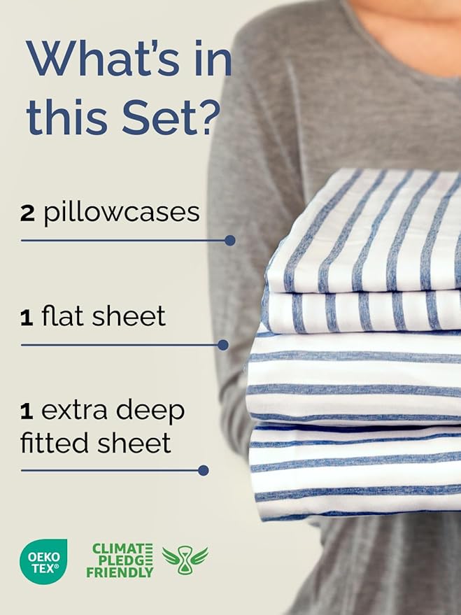 Extra Deep Pocket Cal King Sheets - 4 Piece Breathable & Cooling Bed Sheets - Hotel Luxury Bed Sheet Set - Soft, Wrinkle Free & Comfy - Easily Fits Extra Deep Mattresses - Blue Striped Sheets Set