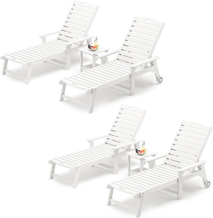 LUE BONA Chaise Lounge Chair with Table, 6-Piece, HDPS Chaise Lounger, 5 Positions Adjustable Lounge Chairs, Pool Lounge Chair with Wheels for Poolside, Backyard, White