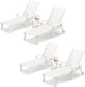 LUE BONA Chaise Lounge Chair with Table, 6-Piece, HDPS Chaise Lounger, 5 Positions Adjustable Lounge Chairs, Pool Lounge Chair with Wheels for Poolside, Backyard, White