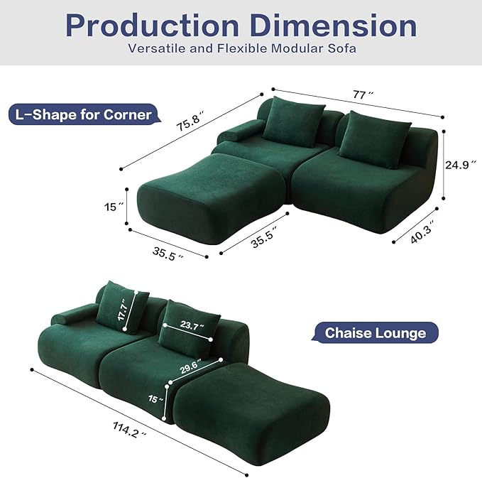 Boneless Couch for Living Room-114 Green Cloud Couch with Movable Ottoman,L-Shaped Comfy Sofa for Bedroom,No Assembly Required,Low -Profile Sofa