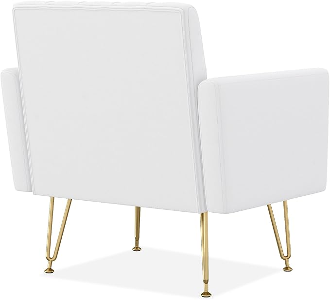 Accent Chair for Living Room, Comfy Oversized Velvet Upholstered Arm Chairs, Mid Century Modern Reading Single Sofa Side Chair with Tufted Back and Gold Legs for Bedroom (1, Pure White)