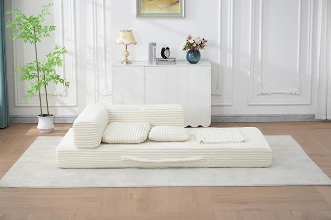Folding Sofa Bed, Corduroy Loveseat Sleeper with Fixed-Shape Frame, No Assembly Needed Futon Couch, Convertible Floor Sofa Lounge Couch for Living Room, Bedroom, Lounge Studio, Ivory