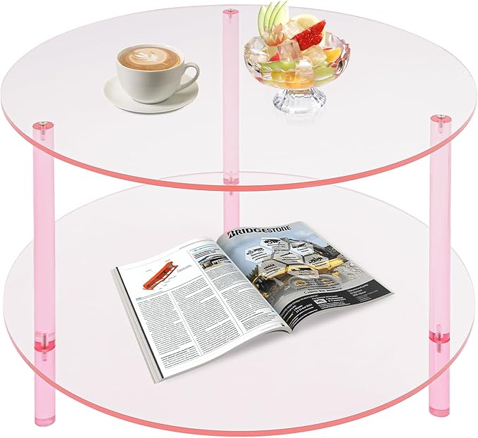 Xuthusman Modern Coffee Table，Acrylic Coffee Table 2-Tier Center Desk with Storage Minimalist Accent Desk Stylish Nightstand for Living Room Sofa Dorm Office（Pink）